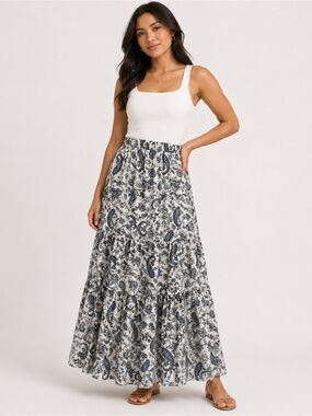 Single Thread Paisley Tiered Maxi Skirt Elastic Waist Boho Blue White XL NWT